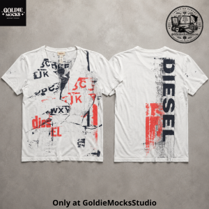White Diesel Shirt Distressed Graffiti Graphic V-Neck Streetwear Tee
